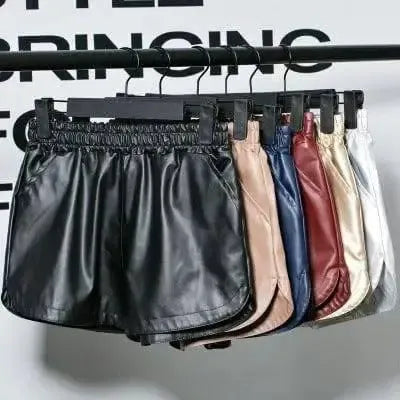 Pu leather pants thin velvet elastic high waist casual wide-2