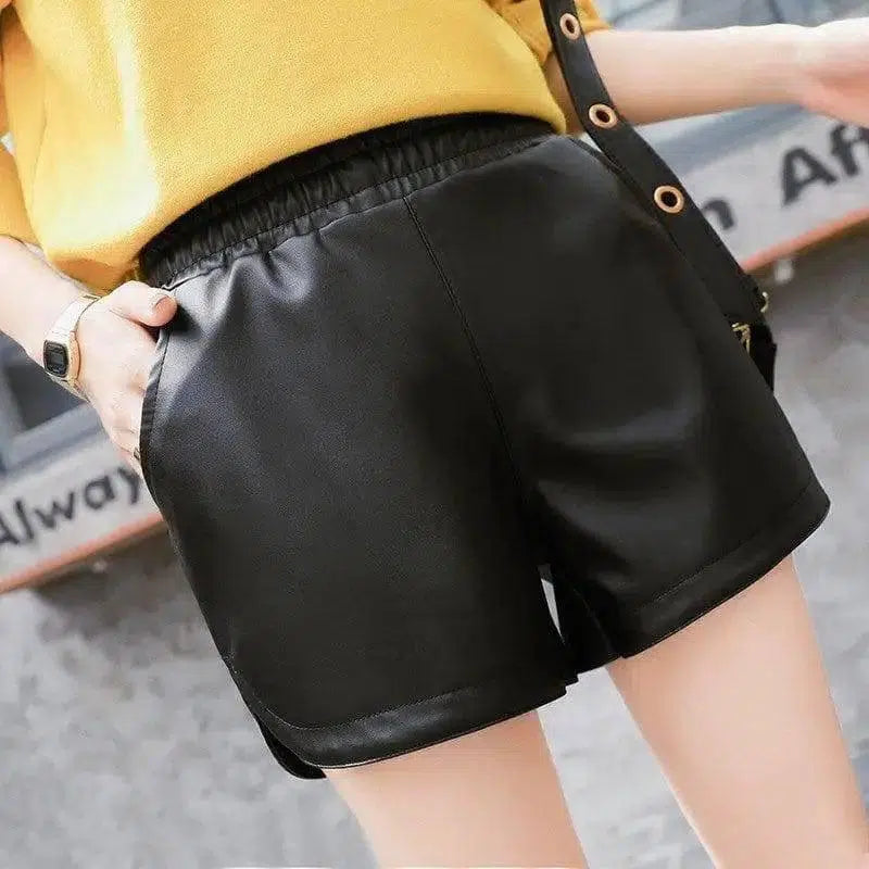 Pu leather pants thin velvet elastic high waist casual wide-6