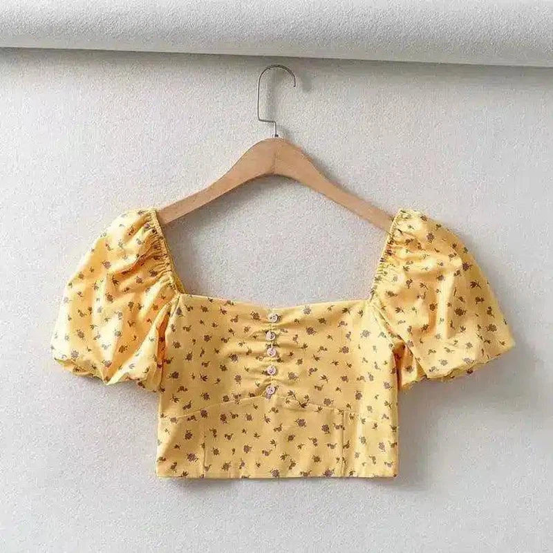 Puff Sleeve Crop Top with Button Details-1