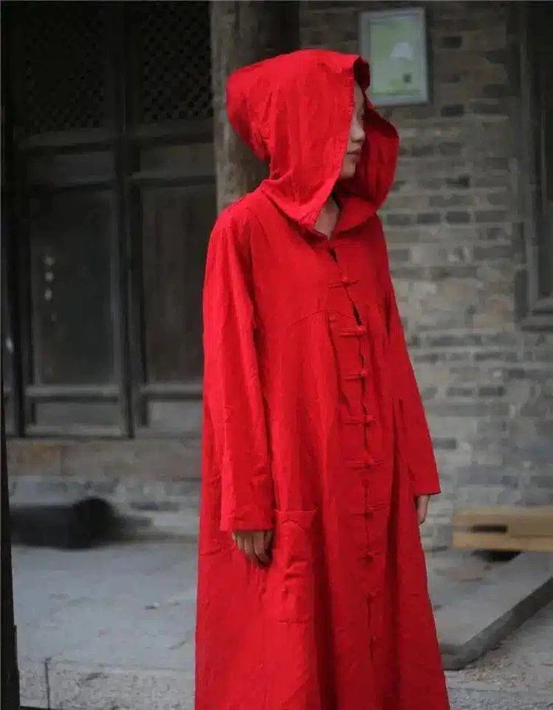 Unisex Waterproof Long Raincoat with Hood-Red-5