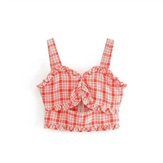 Women's Ruffled Plaid Crop Top-Pink-1