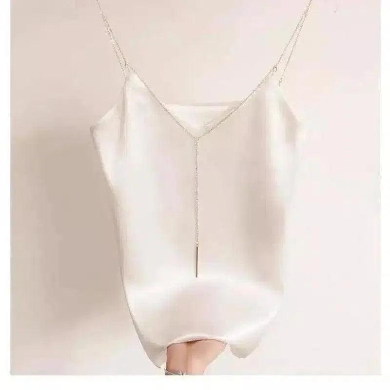 Satin V-Neck Sleeveless Evening Top-White-3