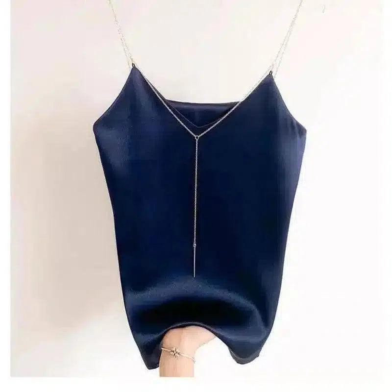 Satin V-Neck Sleeveless Evening Top-Royal Blue-6