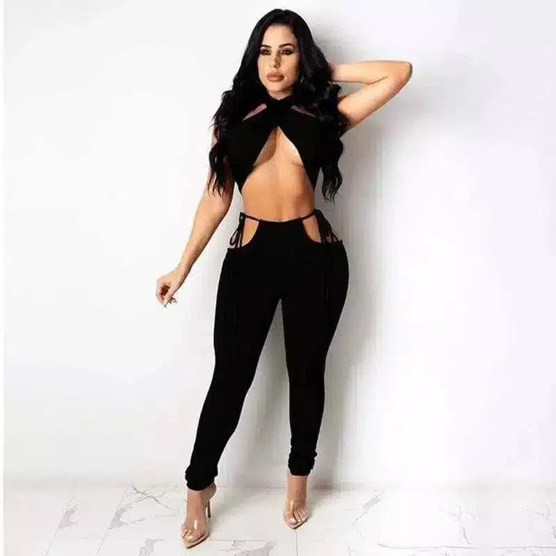 Women's Cross-Front Jumpsuit with Side Ties-Black-1