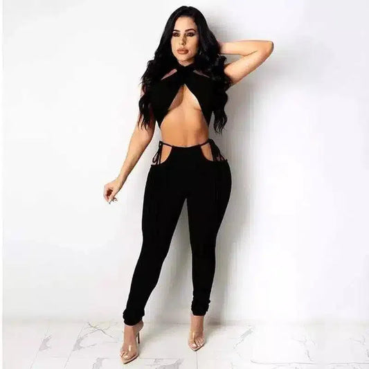 Women's Cross-Front Jumpsuit with Side Ties-Black-1