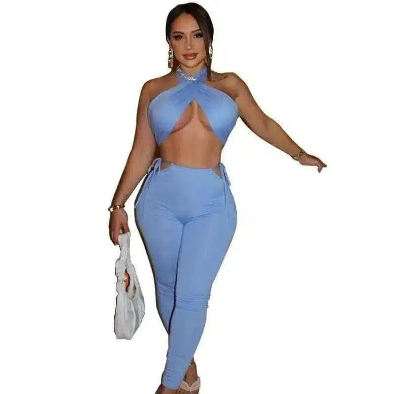 Women's Cross-Front Jumpsuit with Side Ties-Blue-10