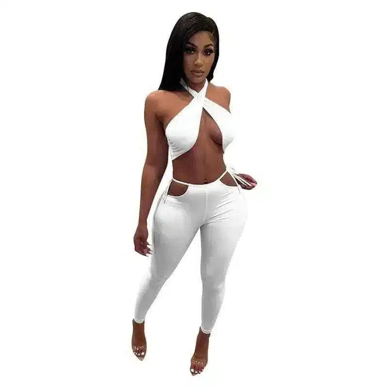 Women's Cross-Front Jumpsuit with Side Ties-White-2
