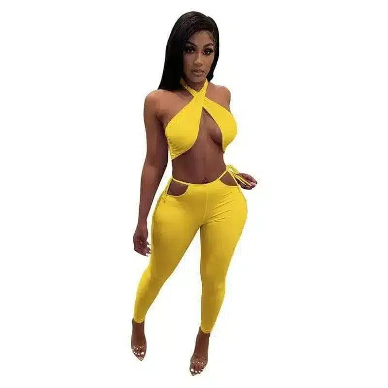Women's Cross-Front Jumpsuit with Side Ties-Yellow-3