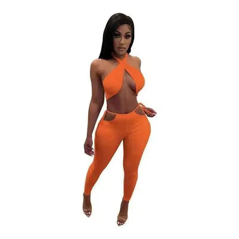 Women's Cross-Front Jumpsuit with Side Ties-Orange-4