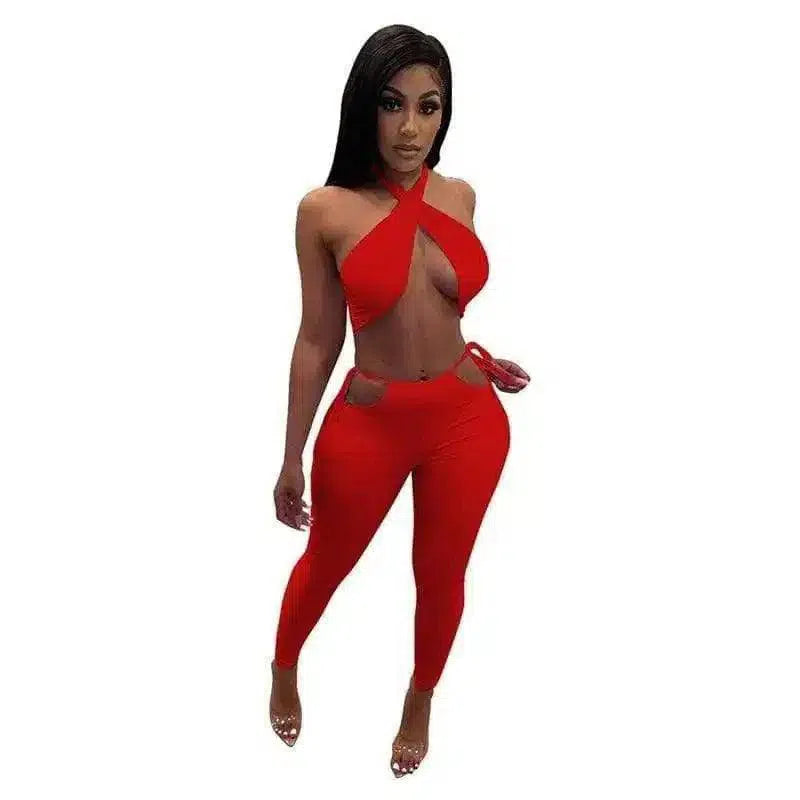 Women's Cross-Front Jumpsuit with Side Ties-Red-5