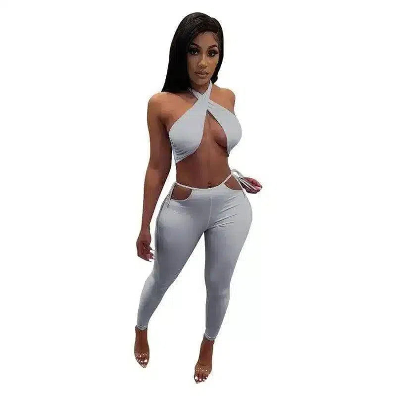 Women's Cross-Front Jumpsuit with Side Ties-Grey-6