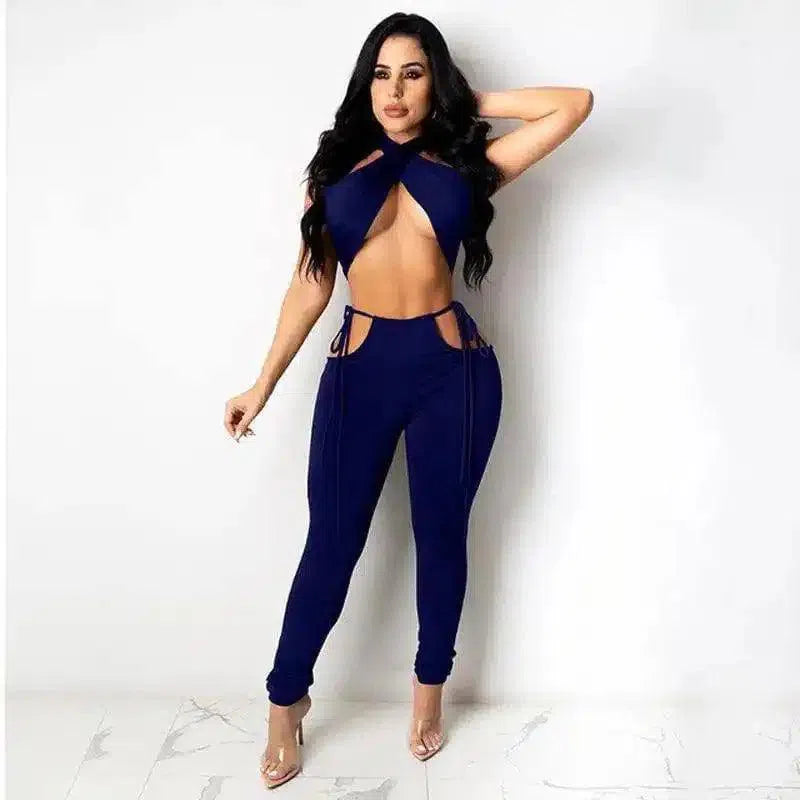 Women's Cross-Front Jumpsuit with Side Ties-Navy Blue-7