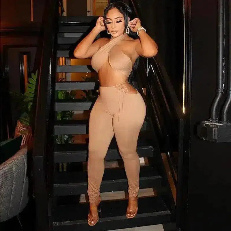 Women's Cross-Front Jumpsuit with Side Ties-Khaki-8