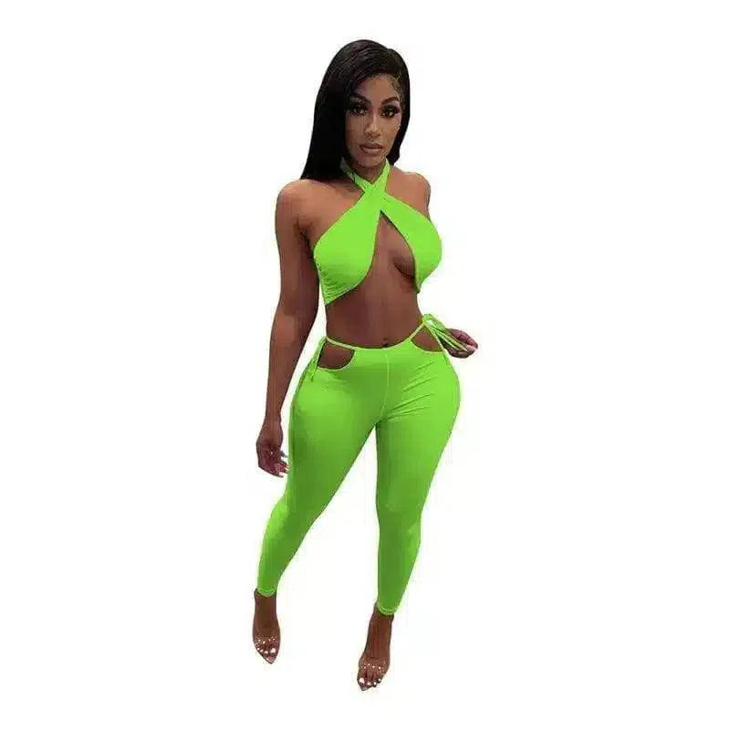Women's Cross-Front Jumpsuit with Side Ties-Green-9