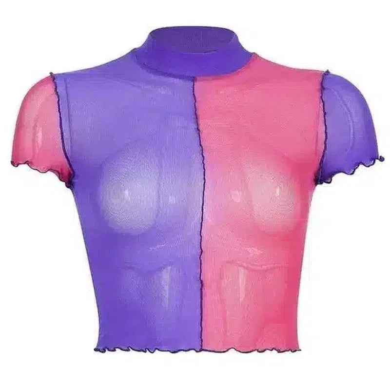 contrast mesh short-sleeved umbilical top-Violet-2