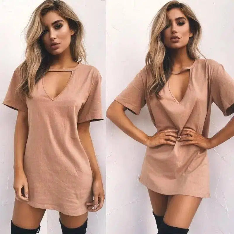 deep V short-sleeved T-shirt loose casual dress-5