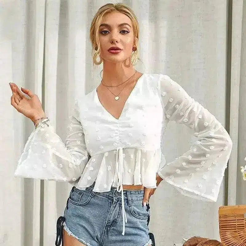 Women's V-Neck Peplum Blouse with Flared Sleeves-White-1