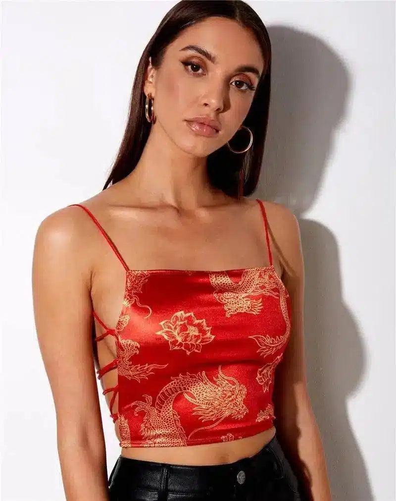 Women's Embroidered Crop Top with Strappy Back-Red-3