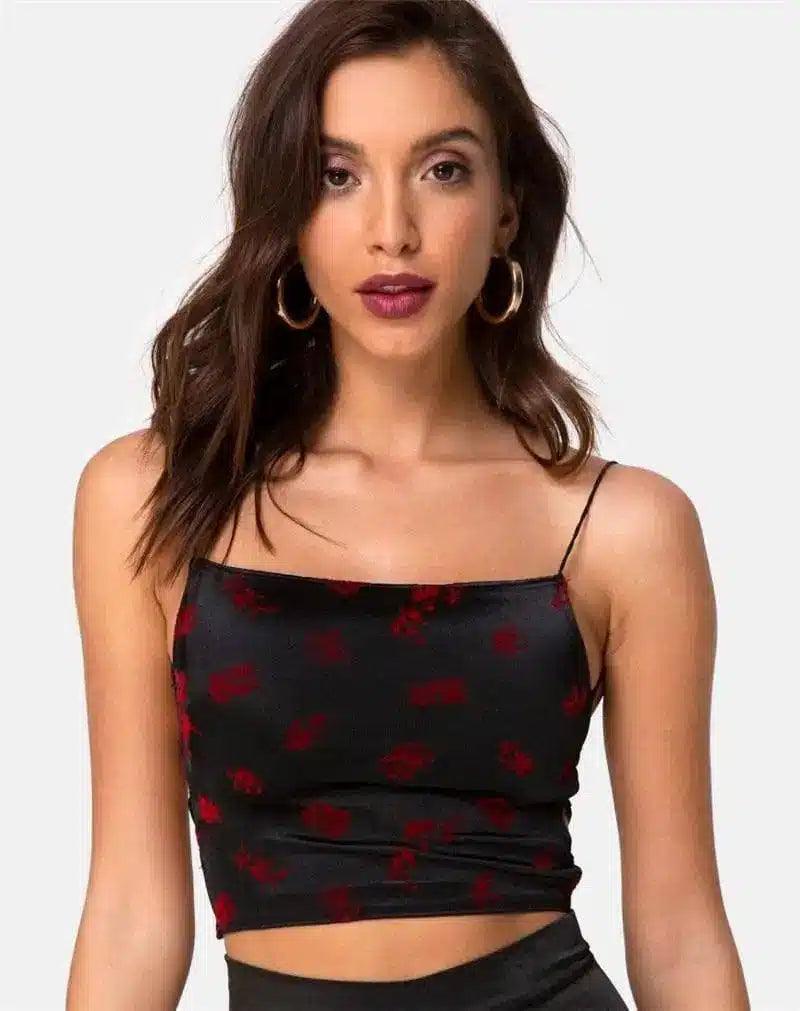 Women's Embroidered Crop Top with Strappy Back-Black Red-5