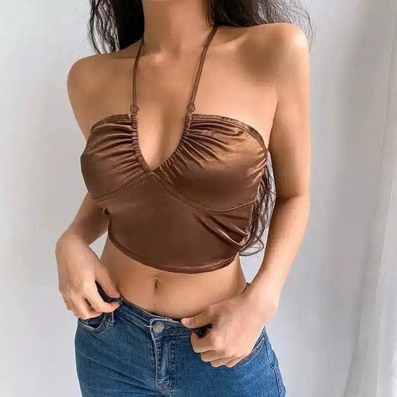 Halter Neck Crop Top for Women-Brown-1