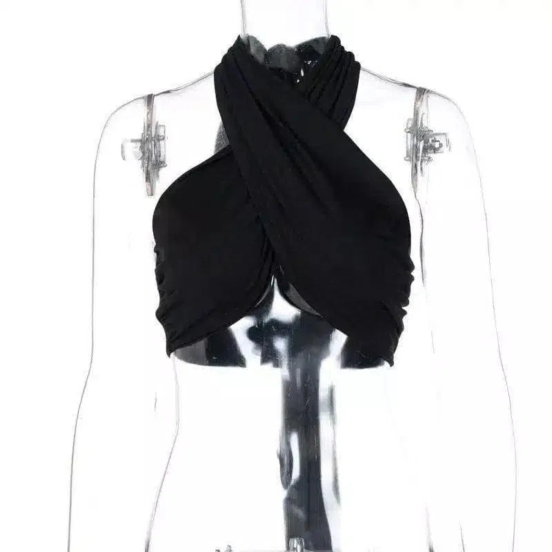 Halter Neck Crop Top for Women-Black-2