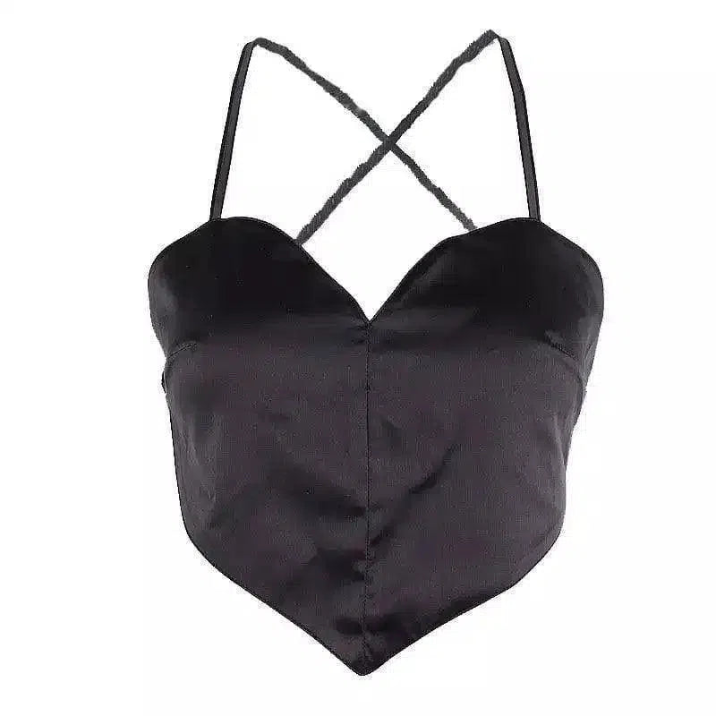 Heart Neckline Satin Crop Top for Women-Black-2