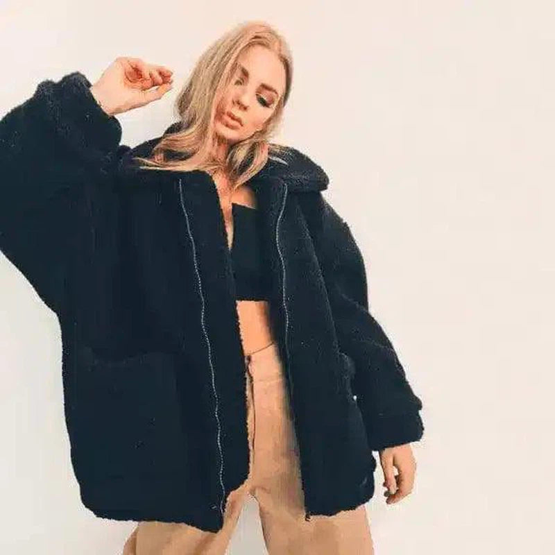 Trendy Faux Shearling Jacket for Cozy Style-Black-6