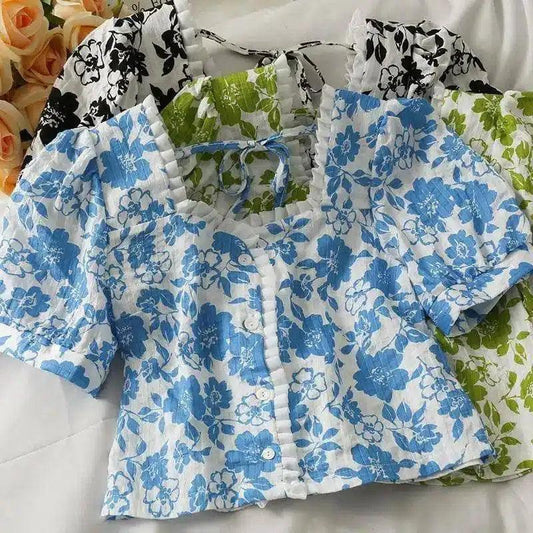 Floral Print Cotton Blouse with Ruffle Detail-Blue-1
