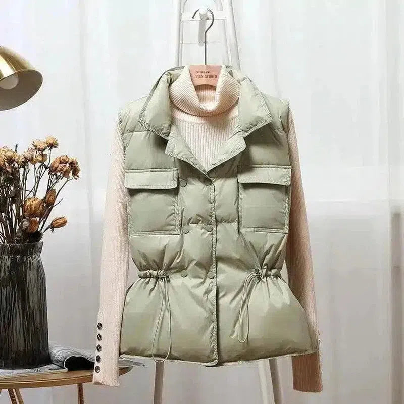 Quilted Women's Fashion Vest with Pockets-Green-2