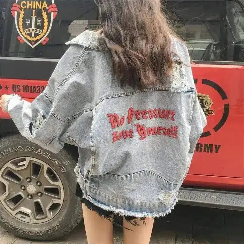Distressed Denim Jacket with Slogan Back-Blue-1