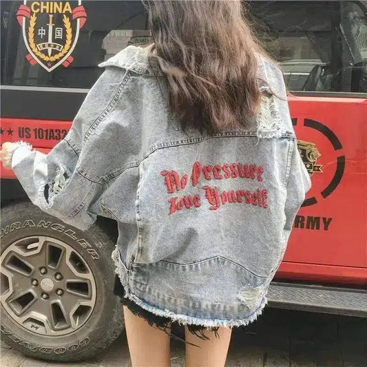 Distressed Denim Jacket with Slogan Back-Blue-1