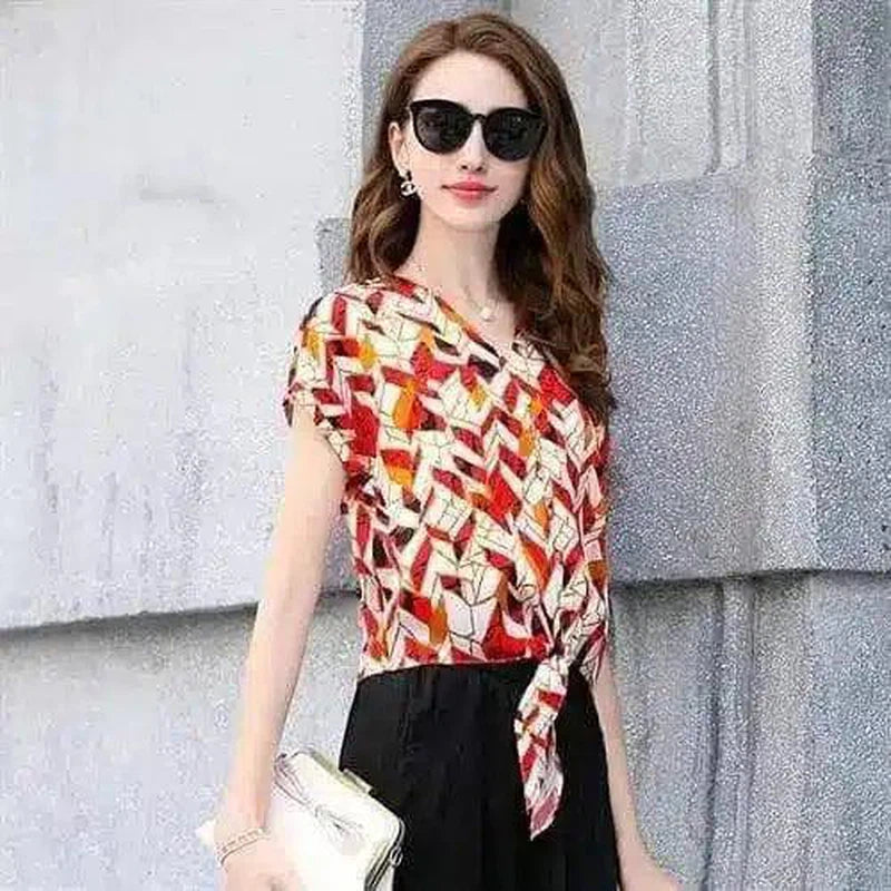 Women's V-Neck Geometric Print Casual Top-Red-2