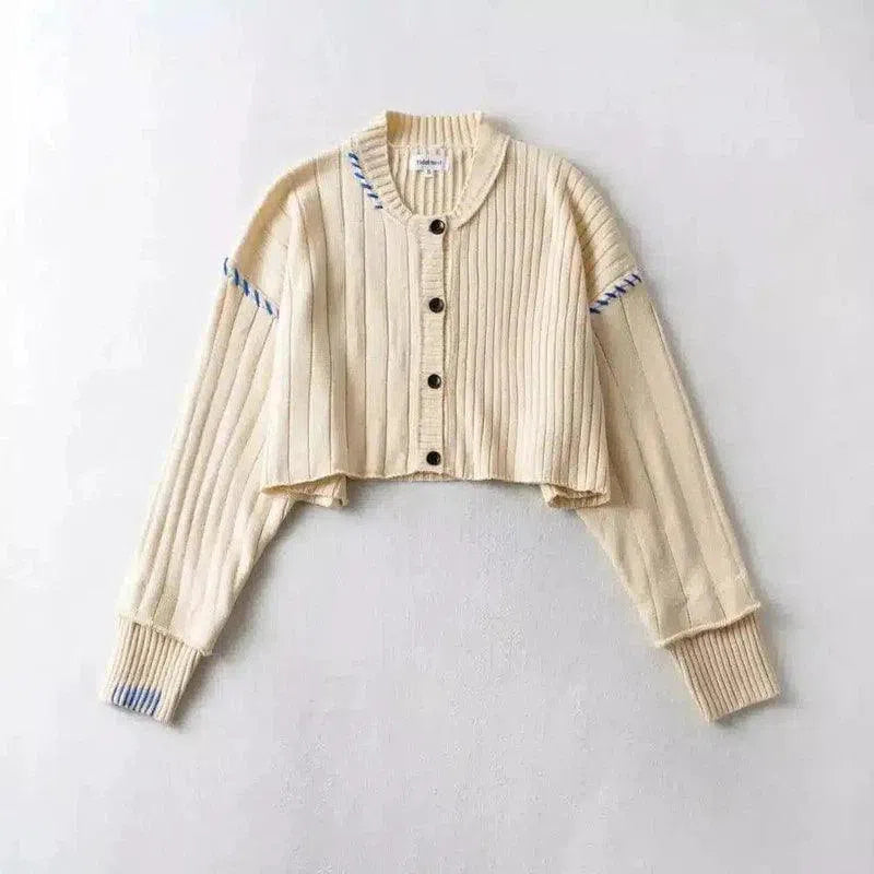 Ribbed Knit Button-Up Cardigan for Casual Wear-Beige-3