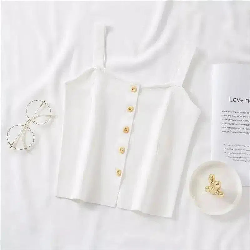 Buttoned Knit Crop Tops for Women-White-2
