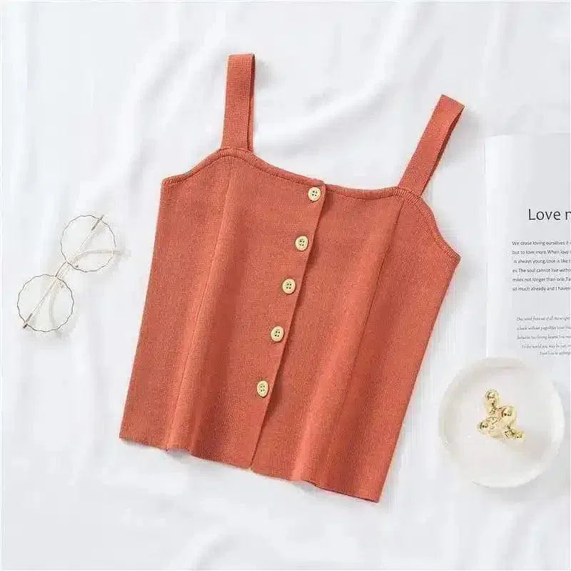 Buttoned Knit Crop Tops for Women-Red-7