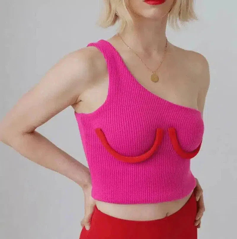 One-Shoulder Knit Crop Top with Unique Trim-1