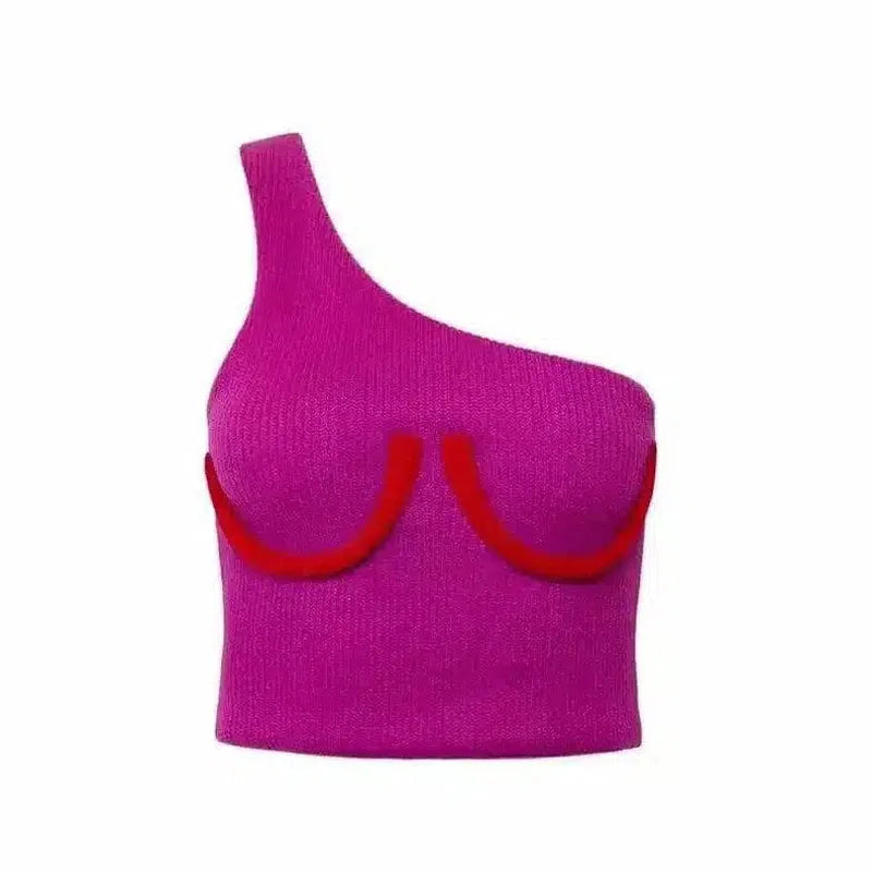 One-Shoulder Knit Crop Top with Unique Trim-Pink-2
