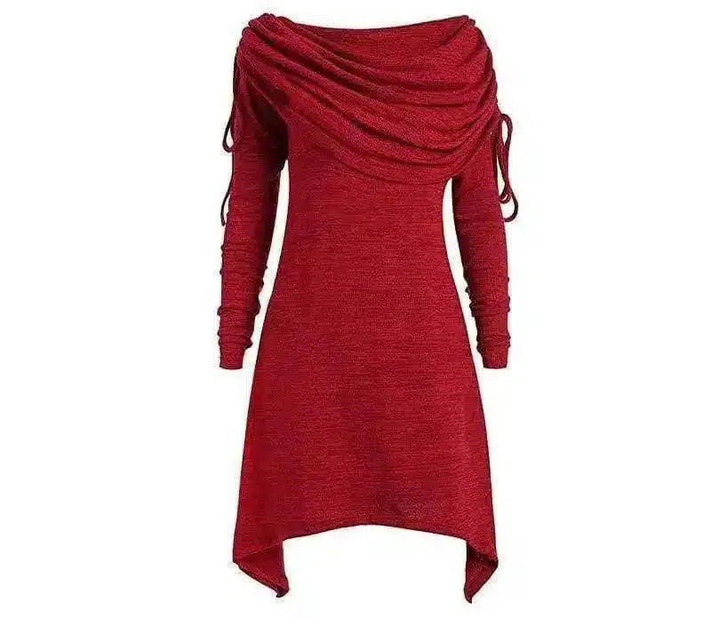 Women's Long Sleeve Asymmetrical Dress-Red-4