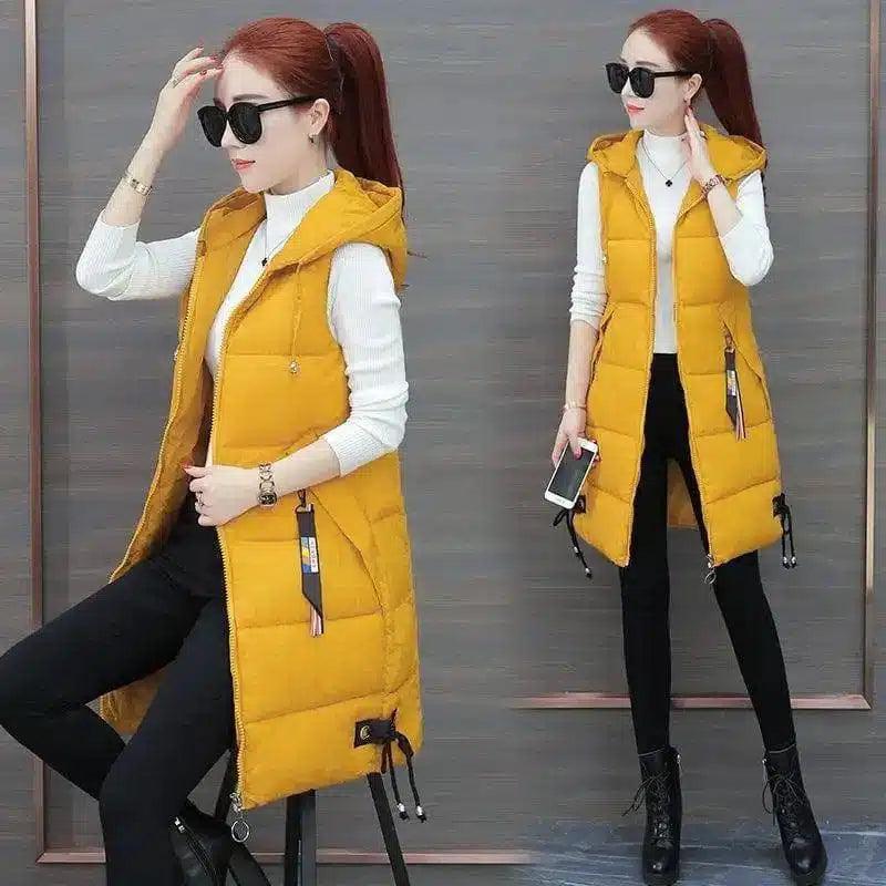 Slim Mid-length Down Cotton Vest Jacket-Yellow-2