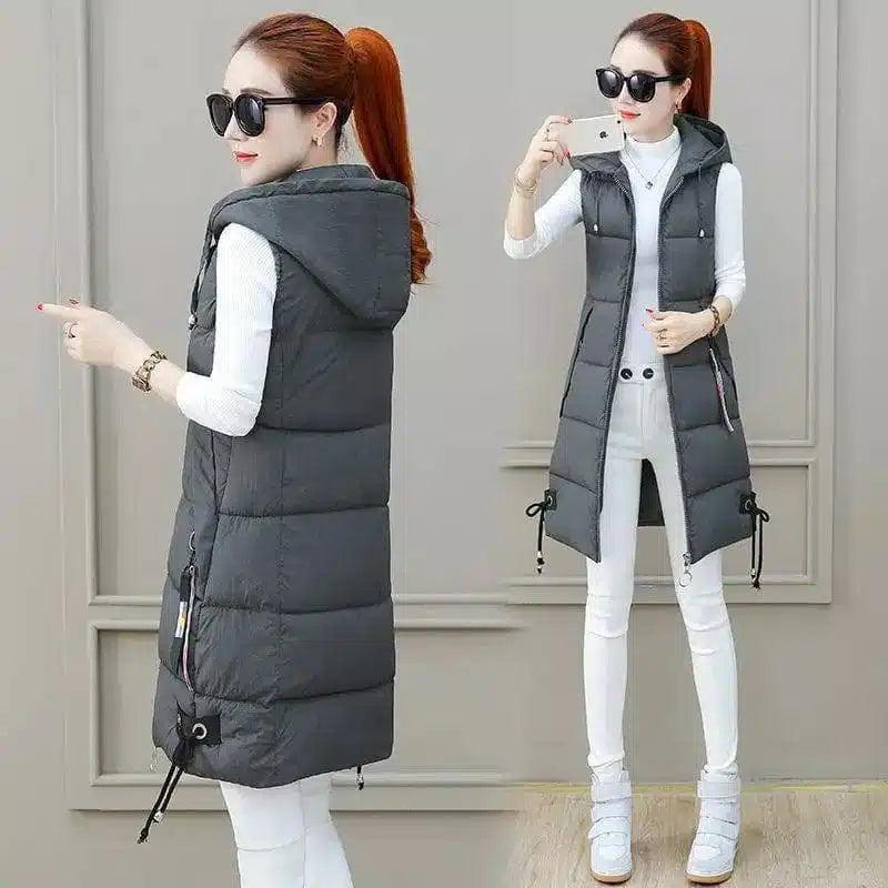 Slim Mid-length Down Cotton Vest Jacket-Grey-3