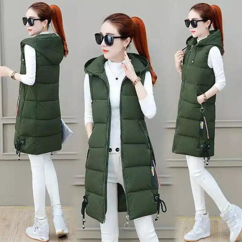 Slim Mid-length Down Cotton Vest Jacket-Army Green-4