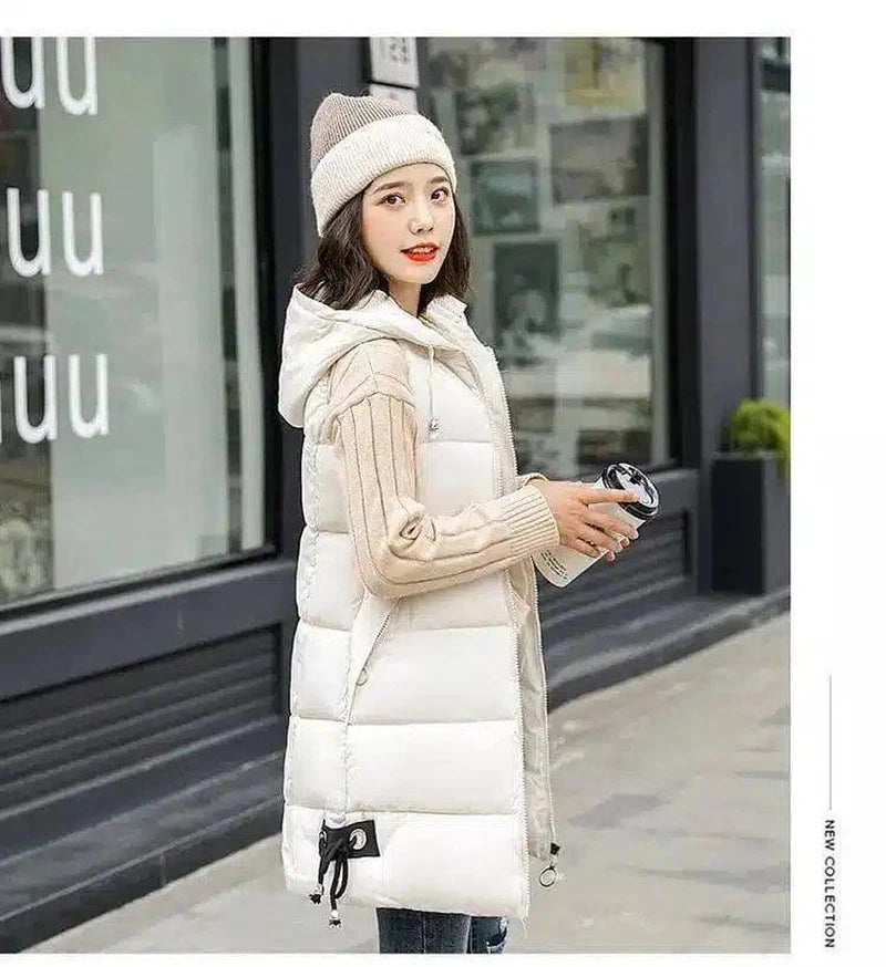 Slim Mid-length Down Cotton Vest Jacket-Beige-5