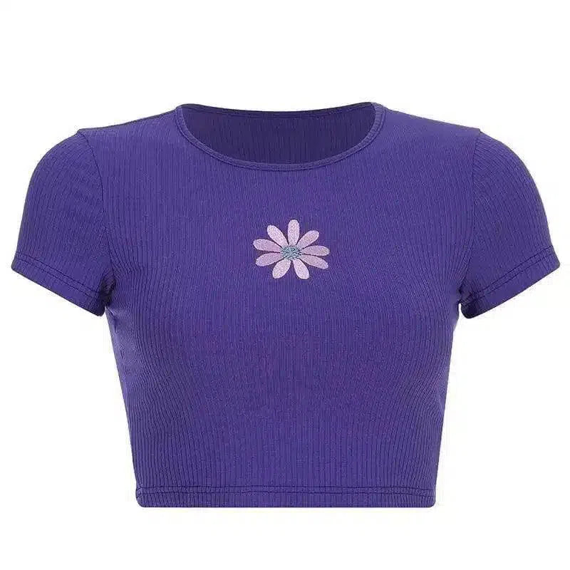 Floral Embroidered Ribbed Crop Top-Violet-2