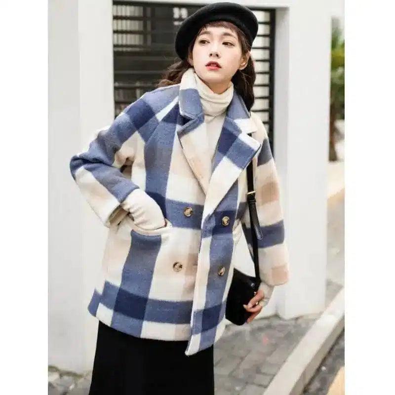 Women's Plaid Wool Blend Winter Coat-Blue-2