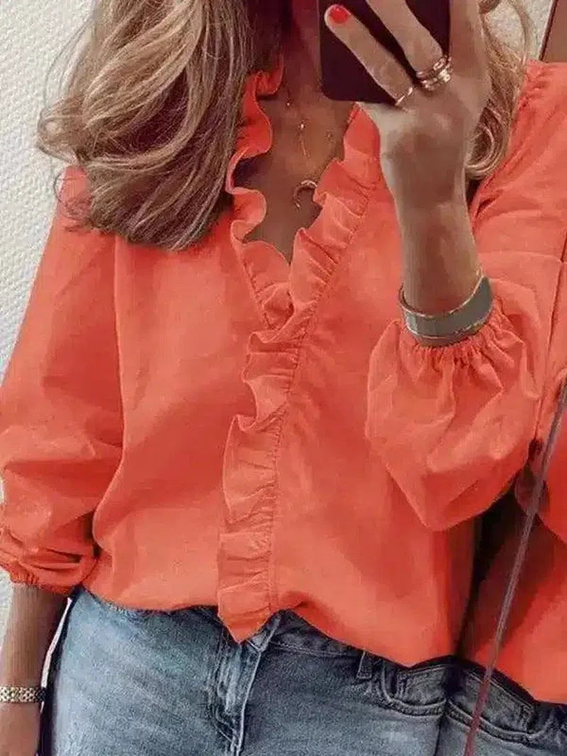 Ruffled V-Neck Women's Casual Blouse-Orange-4