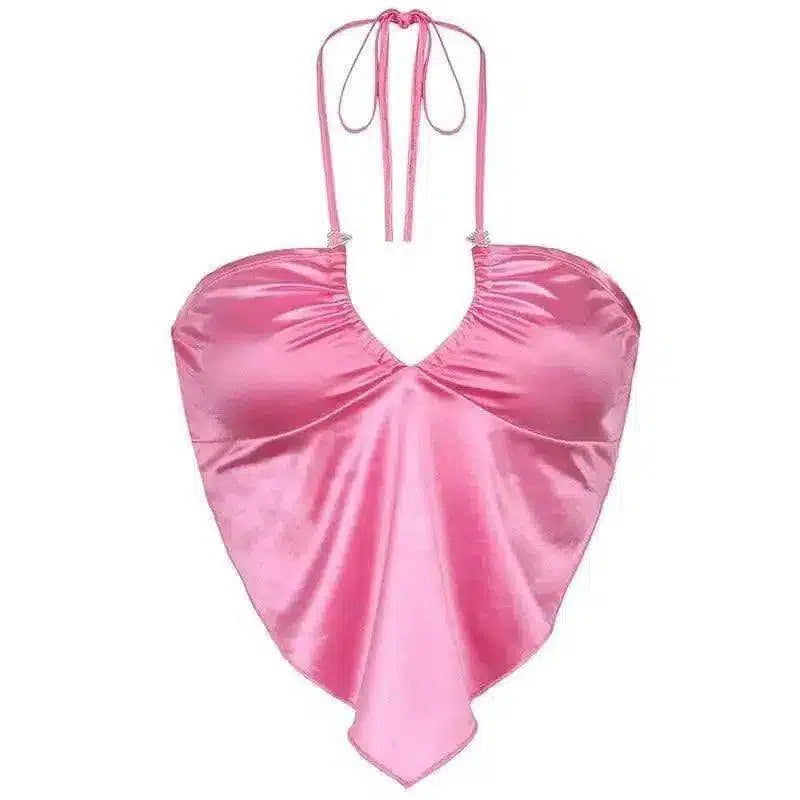 Women's Halter Neck Satin Crop Top-Pink-2