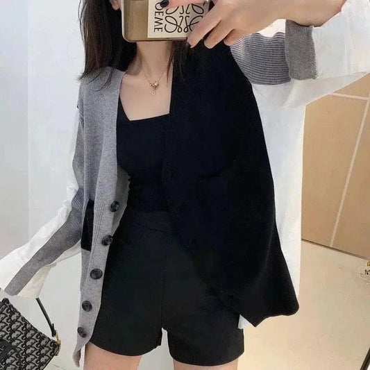 Women's Casual Buttoned Cardigan & Shorts Set-Grey-1
