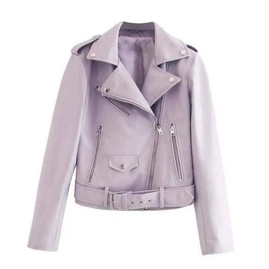 Street Handsome Belt Motorcycle Leather Ladies Jacket-Purple-1
