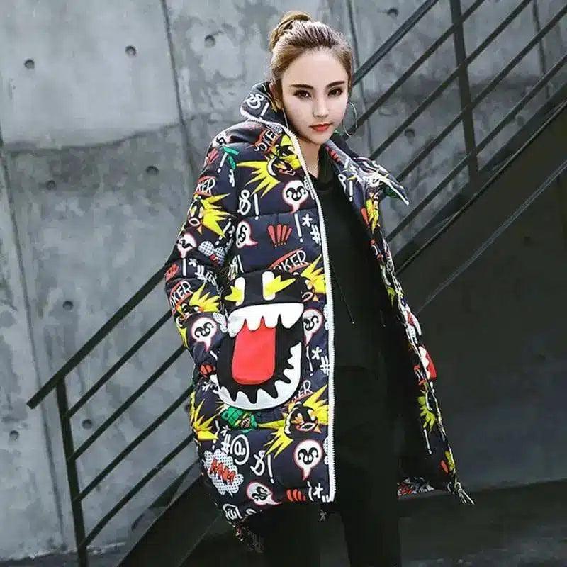 Street personality cartoon graffiti padded coat women-Blue-2