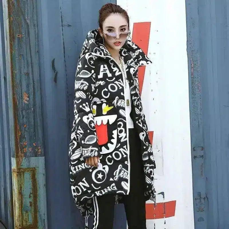 Street personality cartoon graffiti padded coat women-Black-3